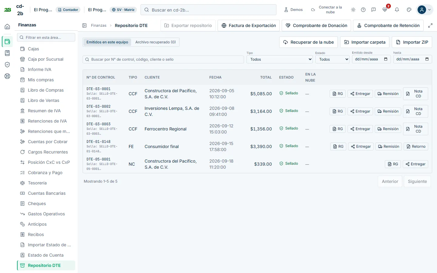 Repositorio de documentos electrónicos de cd-2b con cinco documentos del mes, todos marcados como sellados, con su cliente, fecha y total